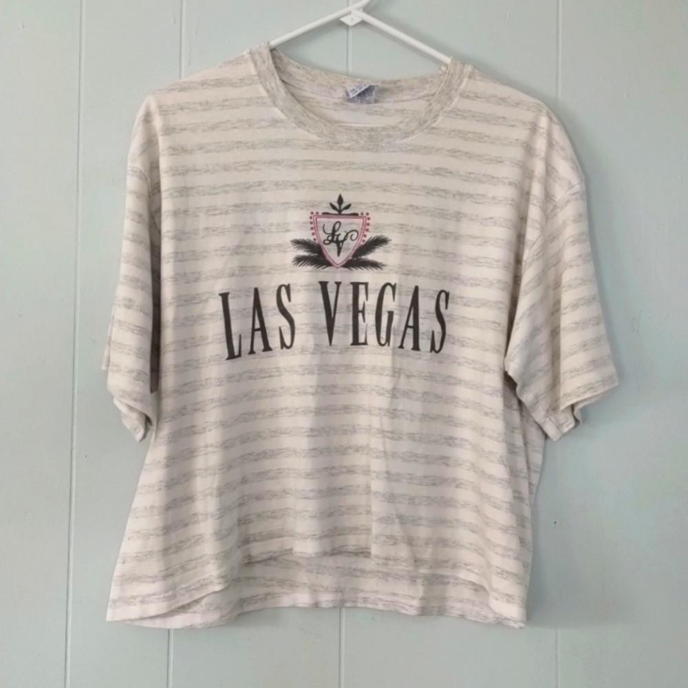 Vintage Las Vegas Crop Top  T-shirt Cream Gray Nevada Striped One Size 90s